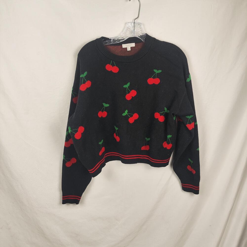 Orange Kiss Essentials Sweater Womens Large Black Cherry Print Knit Pullover